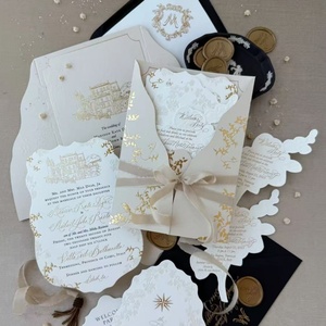 Suite d'invitations de mariage de luxe en papier texturé, thème Villa du Lac de Como Or Crème, avec pliage en portail, sceau de cire, dorure à chaud et découpe personnalisée - Product Image 2