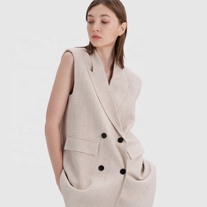 Gilet da donna lungo sartoriale doppiopetto con tasche gilet Beige elegante giacca senza maniche in lino - Product Image 1