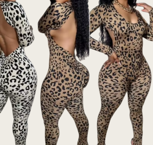 Viviblook Z1127JP01 femmes O cou à manches longues pantalon slim une pièce combishorts Sexy dos nu à lacets léopard moulante combinaisons - Product Image 1