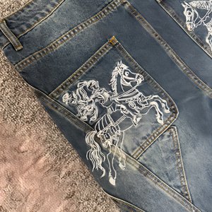 Jeans de marque de créateur 2026 pour hommes, décontractés, taille mi-haute, patchwork brodé, denim <span class=keywords><strong>bleu</strong></span> classique, coupe droite, OEM - Product Image 6