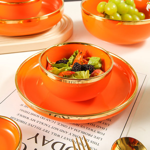Modern Luxury Porcelain <b>Tableware</b> Set Orange Gold Rim Bowl Plate Soup Rice Creative Design Disposable 2-Piece Utensils Kit - Product Image 4