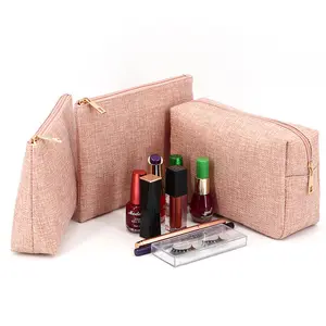 Groothandel Eco Vriendelijke Cosmetische Verpakking Roze Linnen Sieraden Pouch Make Up Tas Aangepaste Lege Reizen Cosmetische Tas Set Voor Gift