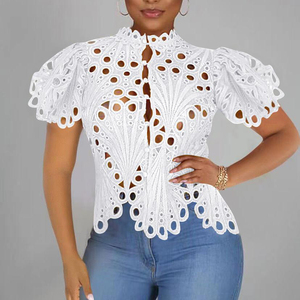 Nueva Blusa de Moda para Mujer, Sexy, con Transparencias, Estilo Club Nocturno, Manga Corta Abullonada, Irregular, con Encaje - Product Image 2