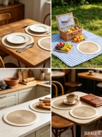 Ensemble de 4 sets de table ronds en coton tressé faits à la main, motif végétal, écologiques, beige et blanc bicolore, pour table à manger, décoration de cuisine