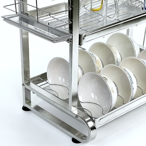 Égouttoir à vaisselle moderne en acier inoxydable poli, double niveau, support de rangement de cuisine à trois niveaux, bac d'égouttage pour le nettoyage de la vaisselle - Product Image 6