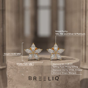 14k White Gold Marquise Diamond Flower Stud Earrings Elegant Five Petal Floral Round Cut Diamond - Product Image 6