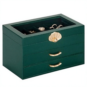 Boîte à bijoux en cuir PU vert foncé avec couvercle en verre et 2 tiroirs, grand organiseur en velours pour bagues, boucles d'oreilles, colliers, boîte cadeau pour femmes - Product Image 1