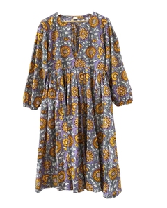 Vestido Midi Boho con Estampado de Bloques, Cuello en V, Manga Farol, Corte Holgado, Transpirable, Tejido, Estilo Casual de Primavera - Product Image 1