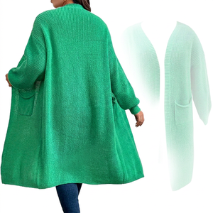 Cárdigan Largo Verde a Cuadros de Invierno con Bolsillo, Manga Regular, Suéter Holgado de Punto, Marca Privada OEM - Product Image 1