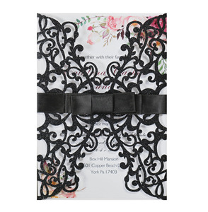 Tarjeta de Invitación de Boda o San Valentín DAMAI, Plateada con Diseño Floral Hueco y Lazo de Satén, Decoración con Corte Láser - Product Image 3