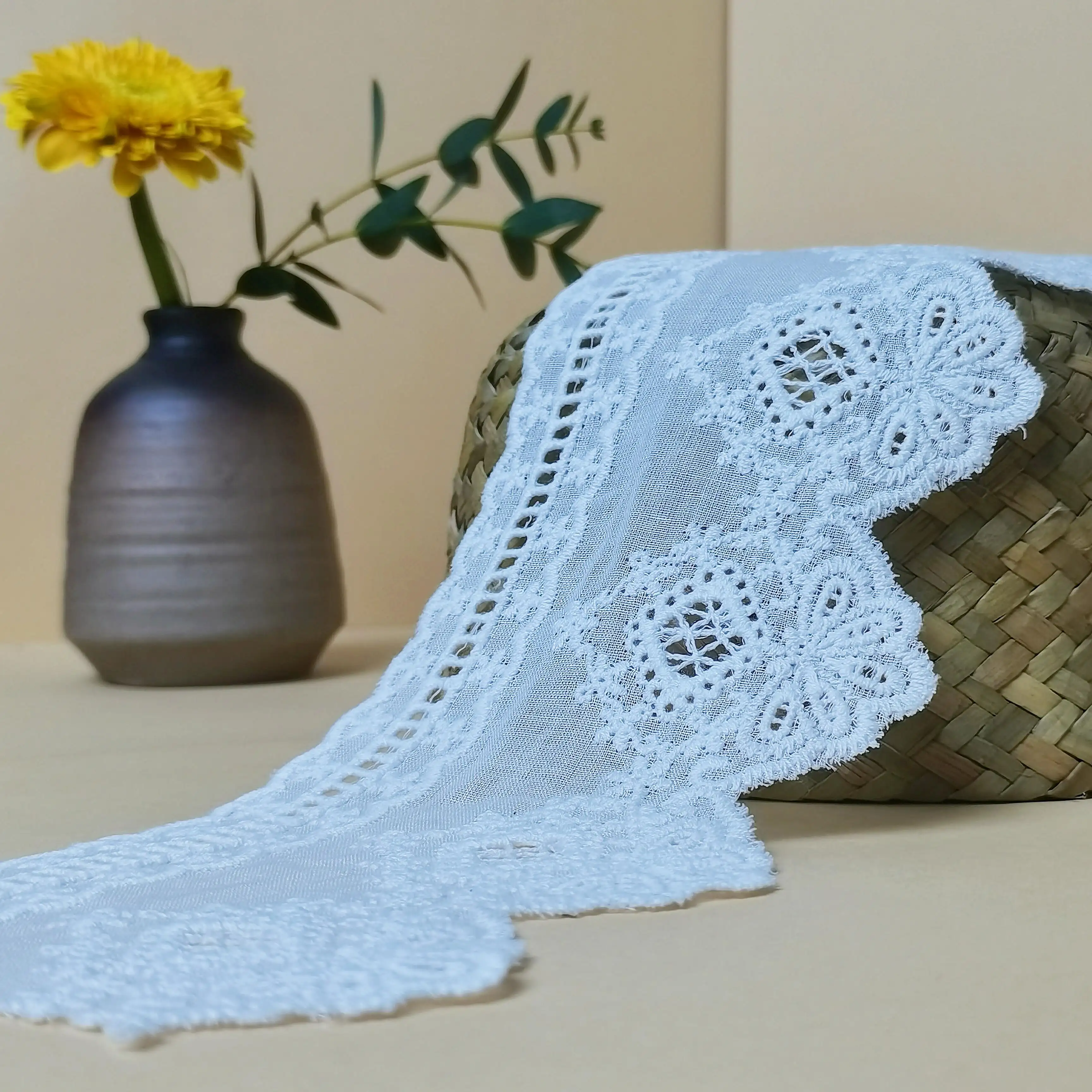 High Quality 3D Flowers Lace Trim 9cm White Crochet Guipure Lace for DIY Curtains 100% Cotton Lace Trim