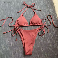 AMCLEVER 2026 Nouvel ensemble de bikini uni avec cordon de serrage - Maillot de bain deux pièces triangle à nouer sur les côtés pour femme, tenue de plage sexy, logo personnalisé OME
