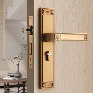 New Chinese style indoor door lock  silent  retro door handle  antique copper color  antique style bedroom  wooden door lock