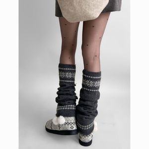 Korean Style Fair Isle Leg Warmers Dark Gray Cotton Knit Winter Calf Warmers - Product Image 2