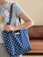 Tas Tote Kanvas Katun Motif Polkadot Segar Minimalis Wanita, Tas Tangan Bahu Kasual Serbaguna untuk Penggunaan Sehari-hari