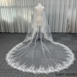 Voile de mariée long en dentelle festonnée ivoire pour robe de mariée, vente en gros - Product Image 2
