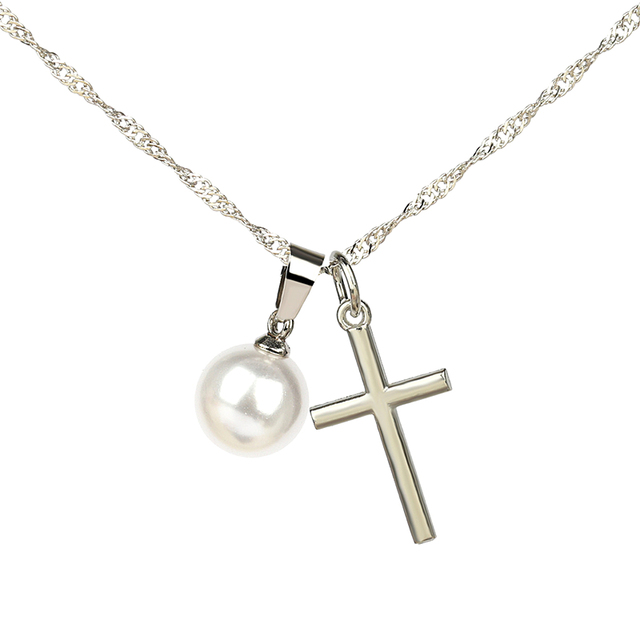 Hot Sale First Communion Baptism Teaching Children Easter Gifts Quality Stainless Steel Pearl Cross Necklace Gifts for Women