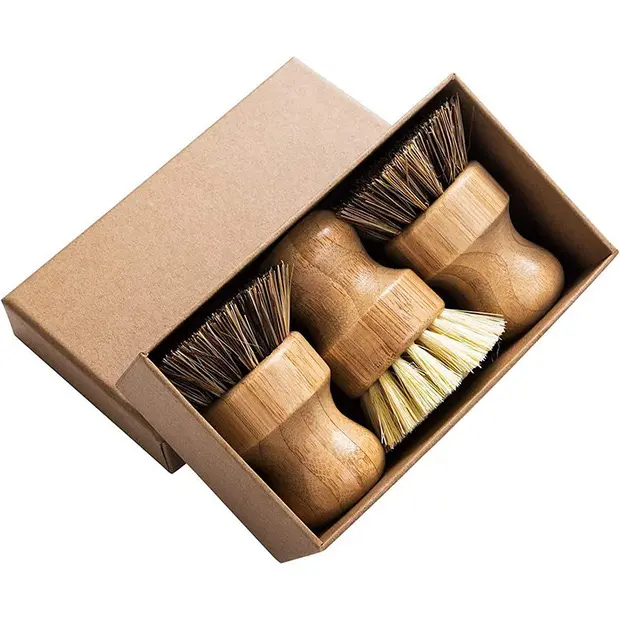 Cepillo para maceta de Palma, 3 paquetes redondos de bambú, Mini cepillo para platos, cepillo para fregar natural, Kit de limpieza duradero con fibra de unión