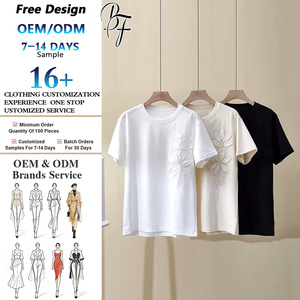 T-<span class=keywords><strong>shirt</strong></span> brodé floral pour <span class=keywords><strong>femme</strong></span> : T-<span class=keywords><strong>shirt</strong></span> col rond en coton et nylon doux avec surpiqûres décoratives - Vêtements personnalisés ODM/OEM - Product Image 1