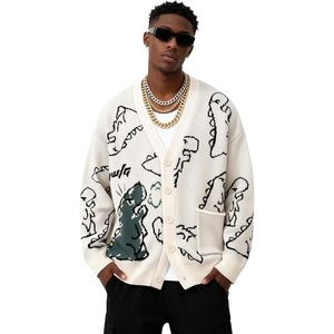 FOXA <b>Mens</b> Dinosaur Knitted <b>Cardigan</b> Cartoon Print Front Pocket Standard Thickness Acrylic Sweater - Product Image 2