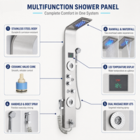 Panneau de douche mural en acier inoxydable avec LED, jets de pluie, cascade et jets de massage portatifs pour hôtels et appartements