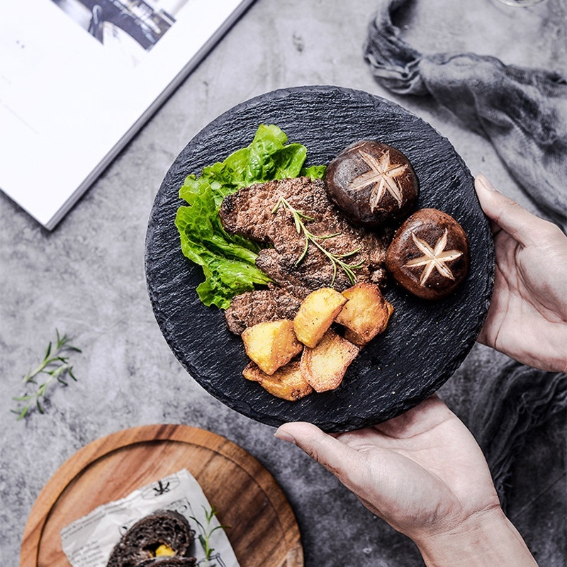 Small Black Slate Stone Acacia Wood Slate Pizza Plate Black Western Food Plate Sushi Steak Plate For Children · image 5