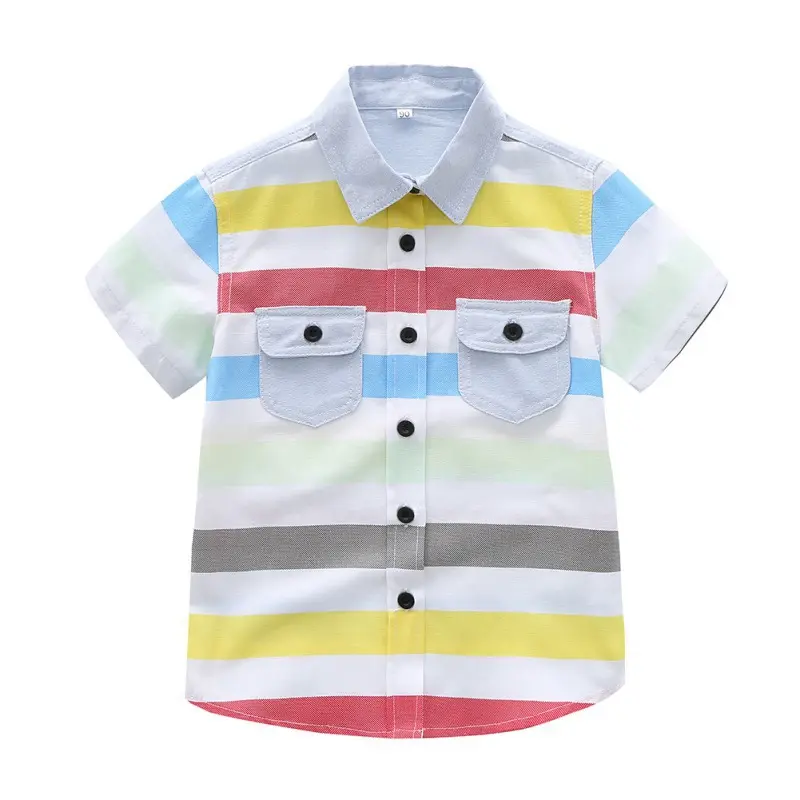 Summer Boys Cute Striped Shirts Kids Boy Cotton Short Sleeve Turn Down Collar Buttoned Casual Oxford School Children Shirts