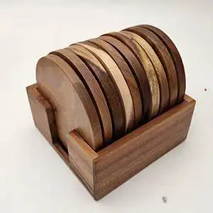 wooden tea coaster holder Wood Coasters with Holder for Drinks Round Wooden Drink Coaster with Holder