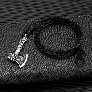 Bracelet en cuir tressé double brin avec hache viking nordique yunnique, bijoux pour homme en acier inoxydable, cadeau - Product Image 2