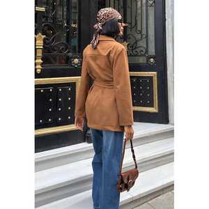 Chaqueta Camisera Midi con Cinturón Color Tabaco, Blazer Tejido de Manga Larga, Estilo Otoñal para Mujer, Talla L - Product Image 4