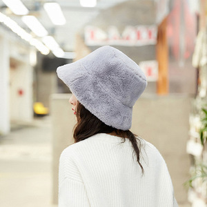D1927 mujeres niña invierno cálido sombreros de pescador plano ala ancha liso piel <span class=keywords><strong>lana</strong></span> felpa sombrero de cubo - Product Image 6