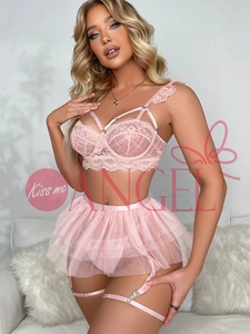 KISS ME ANGEL personalizado privado malla encaje ajuste perspectiva liguero y anillo de pierna panty y sujetador conjunto para chica - Product Image 4