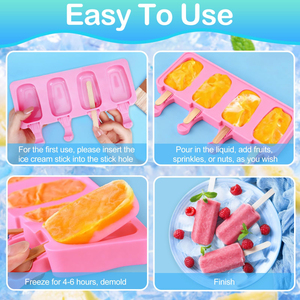 Moules à sucettes glacées DIY en silicone de qualité alimentaire sans BPA, 4 cavités, ovales, pour glaces, gâteaux, sucettes glacées, rose - Product Image 5
