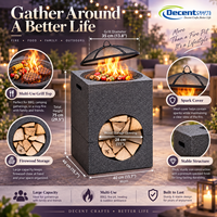 Brasero carré en acier robuste effet pierre avec rangement pour bois de chauffage, grille et pique-foyer pour patio extérieur, jardin et camping