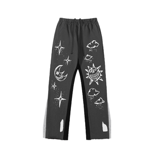 Men's High Quality Joggers 100% Cotton Casual Mid Waist Graphic Printing Sweatpants Contrast Color Patchwork Loose Straight Fit - Product Image 4