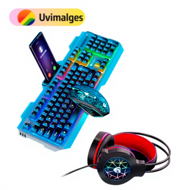 Wired RGB LED Gaming Keyboard (104 Keys) Mouse and Headset 4-Piece USB Set for Gamers