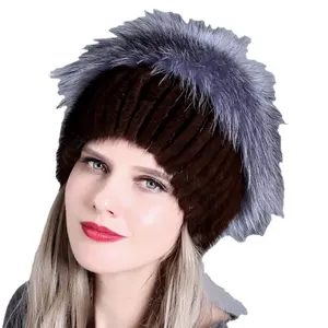 2023 New Luxury Women Winter Mink Fur Hats Knitted Real Mink Silver Fox Fur Female Russian Winter Warm Real Fur Beanies Hat