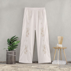 <span class=keywords><strong>Pantaloni</strong></span> <span class=keywords><strong>lunghi</strong></span> Casual da donna con ricami floreali <span class=keywords><strong>Beige</strong></span> elasticizzati in vita media tessuto a vita intera traspirante per la stagione autunnale - Product Image 4