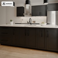 Meuble de cuisine en mélamine Shaker avec îlot, portes à cadre noir, options de rangement coulissantes et boîtes de rangement en contreplaqué