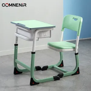 Muebles de aula escolar de color personalizado, escritorio de una sola escuela de altura ajustable con ganchos y silla de plástico