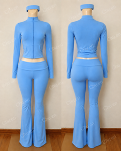Completo da donna 2 pezzi Primavera 2026: Tuta sportiva di design personalizzata con giacca con cerniera dorata e pantaloni a zampa a vita alta - <span class=keywords><strong>Abbigliamento</strong></span> donna <span class=keywords><strong>all</strong></span>'<span class=keywords><strong>ingrosso</strong></span> - Product Image 2