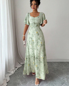 Robe <span class=keywords><strong>longue</strong></span> décontractée pour femme en mousseline de soie, imprimé floral et papillons, col <span class=keywords><strong>carré</strong></span>, manches courtes volantées, taille froncée, coupe évasée fluide - Product Image 5