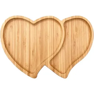 Super setembro bambu madeira comida Platter Snack bandeja duplo coração em forma de madeira servindo bandeja