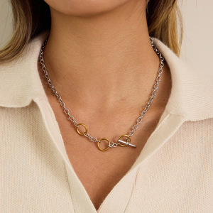 Stainless Steel Two-Tone Y-Shaped Chain <b>Necklace</b> With Gold <b>Ring</b> Pendant Geometric Design For Gift - Product Image 2