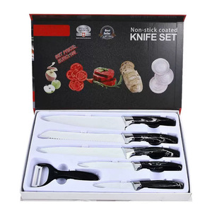 Ensemble de 6 couteaux de cuisine antiadhésifs avec boîte cadeau, lames blanches en acier inoxydable, couteaux de chef, couteaux à pain, couteaux à éplucher et éplucheur - Product Image 1