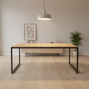 Mesa de <span class=keywords><strong>Comedor</strong></span> para Patio <span class=keywords><strong>Exterior</strong></span> de 190x90cm, Mesa de Jardín con Aspecto de Madera y Listones de Aluminio, con Patas de Acero - Product Image 4