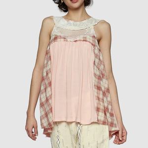 Blusa Bohemia de Rayón en Oferta, con Cuello de Encaje y Detalle de Panel a Cuadros, Top sin Mangas para Mujer - Product Image 1