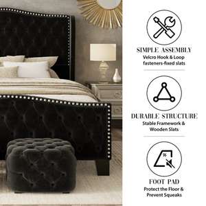 โครงเตียงไม้เนื้อแข็งหุ้มผ้ากำมะหยี่สีดำ สำหรับเตียงผู้ใหญ่ ใช้ในห้องนอนที่บ้าน - Product Image 4