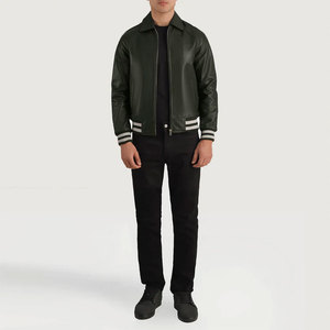 <b>Men's</b> Black PU <b>Leather</b> Bomber <b>Jacket</b> with Zipper Closure and Striped Cuffs Casual Autumn Wear - Product Image 1