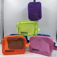 Pochette cosmétique personnalisée avec logo, violette, bleue, transparente, avec poignée, paillettes, PVC, fermeture éclair, sac à maquillage